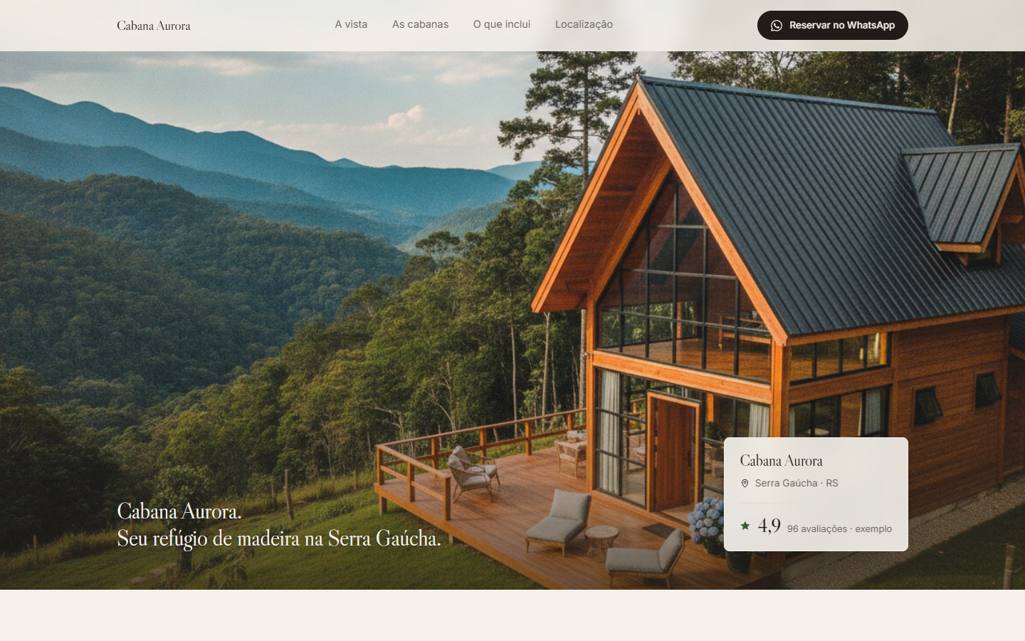 Topo do site Destaque: sala da Cabana Aurora com vista pro vale em tela cheia e card de avaliação de exemplo, nota 4,9 com 96 avaliações