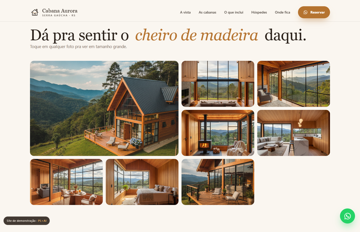 Galeria do site Essencial: grade estática com oito fotos da Cabana Aurora, entre fachada, sala, vale, lareira, cozinha, mesa, quarto e deck