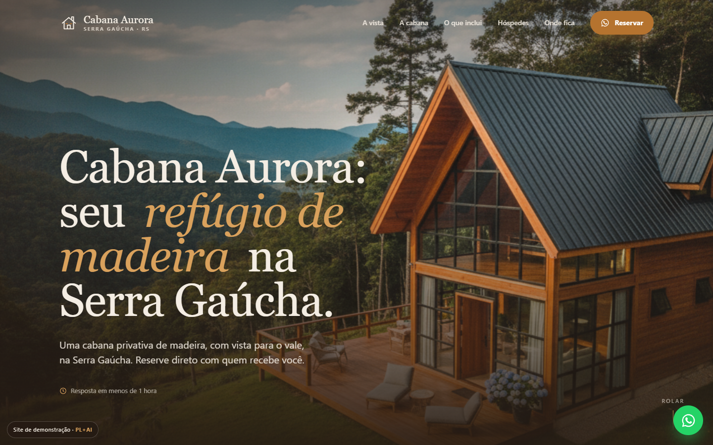 Topo do site Essencial: fachada da Cabana Aurora, cabana de madeira na mata, em tela cheia com título e botão de WhatsApp